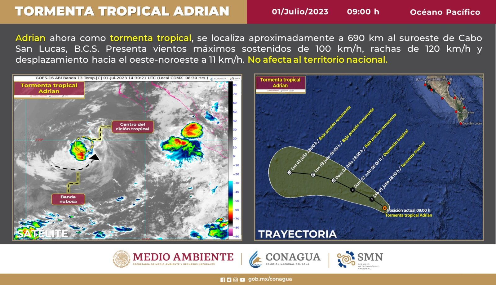 Adrián se degrada a Tormenta Tropical. Fuente: Conagua