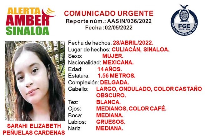 Alerta Amber para Sarahi Peñuelas. Foto: Cortesía