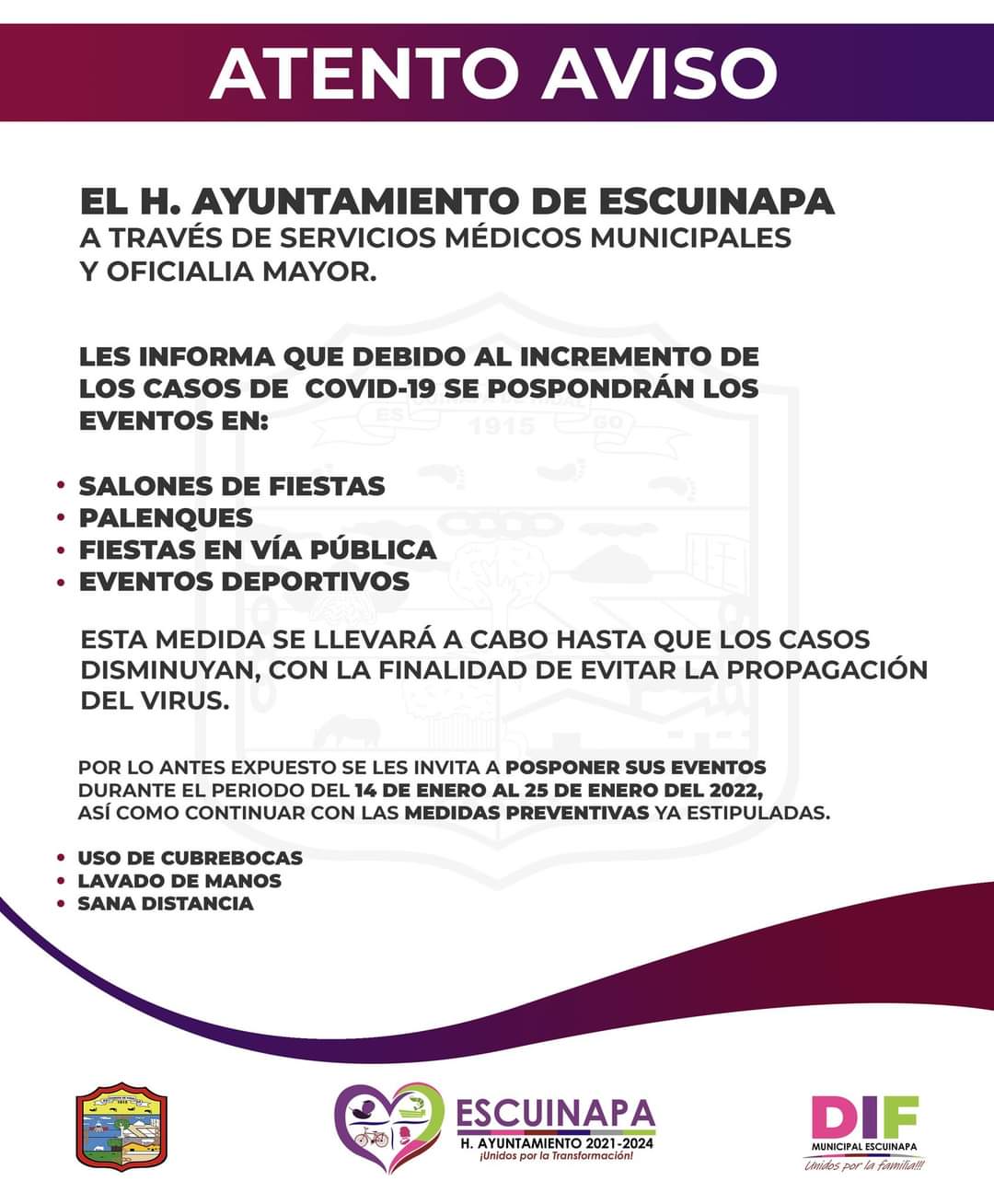 Suspenden en Escuinapa eventos masivos, como medida contra el Ómicron