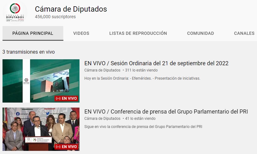 Canal de YouTube de la Cámara de Diputados. Captura de Pantalla