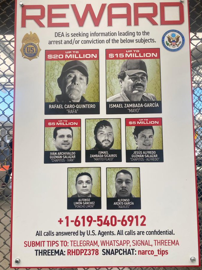 Cartel de la DEA sobre recompensas de líderes del Cártel de Sinaloa