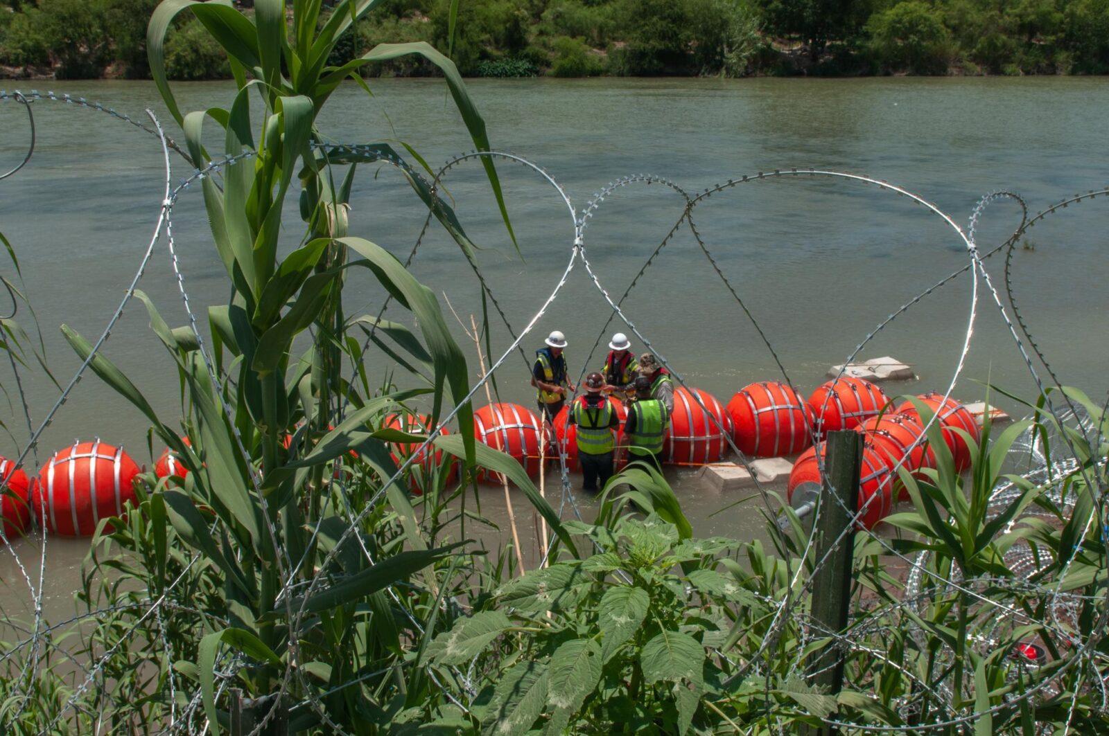Colocación de bayas marinas en Río Bravo por parte del gobierno de Texas. Foto: Cortesía