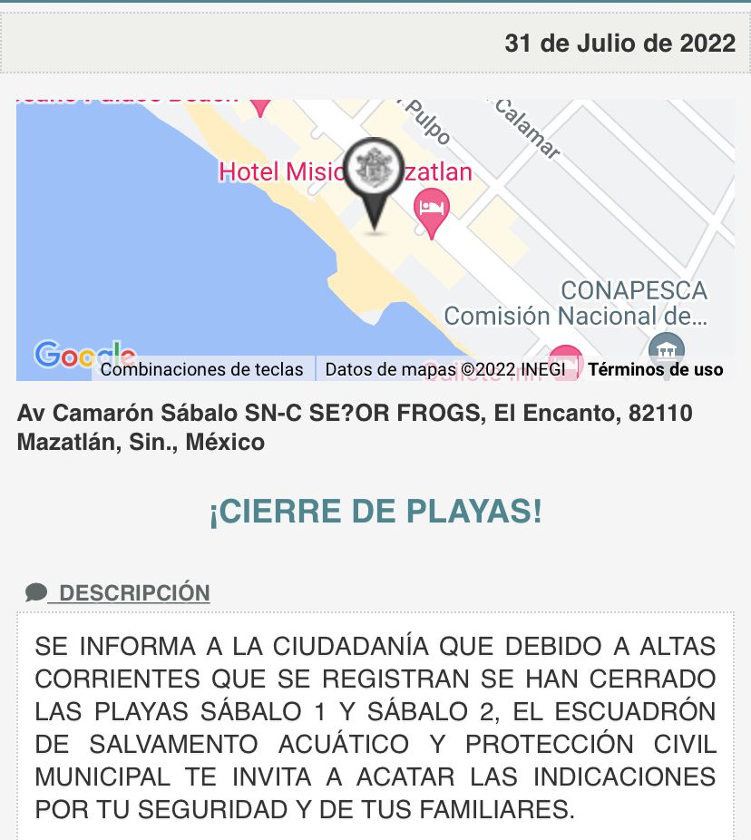 Por alto oleaje, playas Sabalo I y II son cerradas a bañistas en Mazatlán (cortesía)