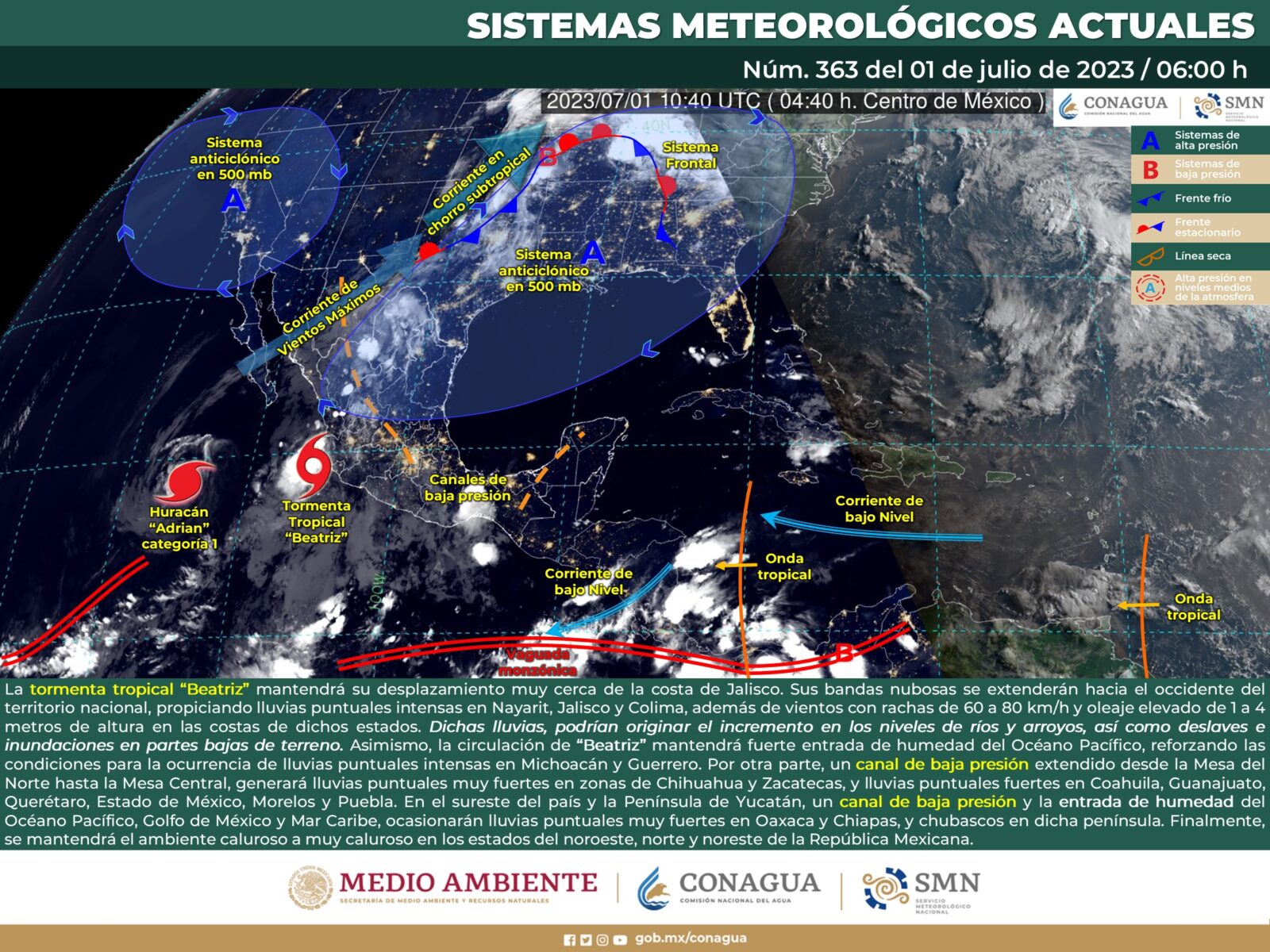 Pronóstico del clima para el 1 de julio de 2023. Fuente: Conagua