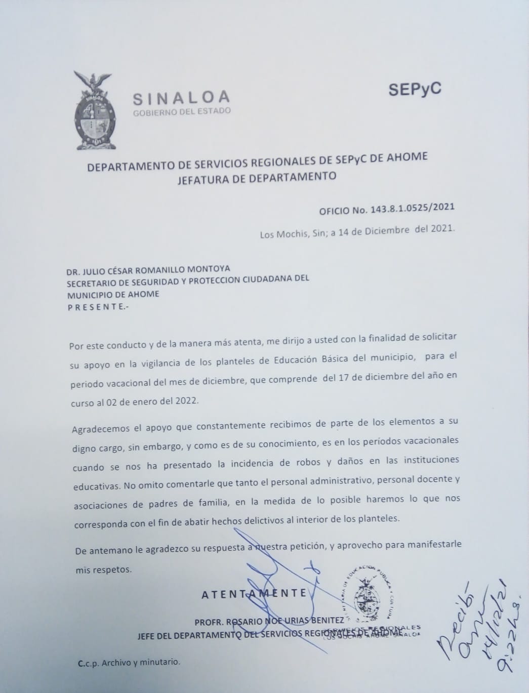 Documento del Departamento de Servicios Regionales de SEPyC de Ahome donde solicitan el apoyo para la vigilancia de los planteles educativos del municipio durante el periodo de vacaciones decembrinas