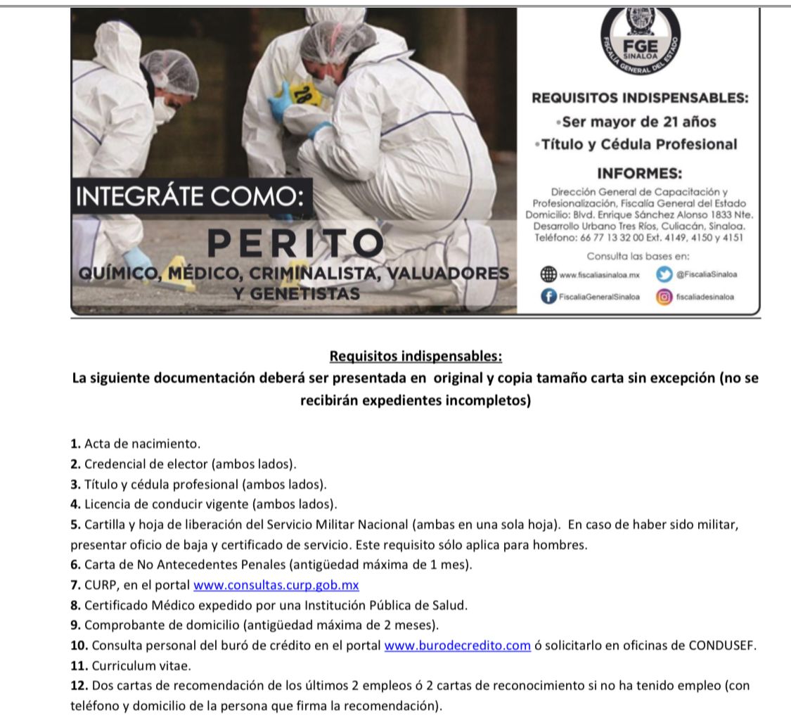 Requisitos para ser perito de la FGE. Foto: Cortesía